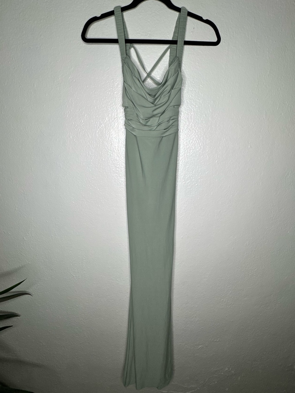 Azazie Sage Green Ruched Bodice Crisscross Back Leg Slit Formal Maxi Dress Sz A8